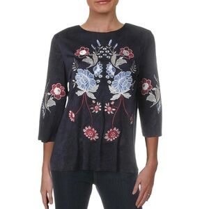 Charter Club Faux Suede Floral Embroidered Blouse